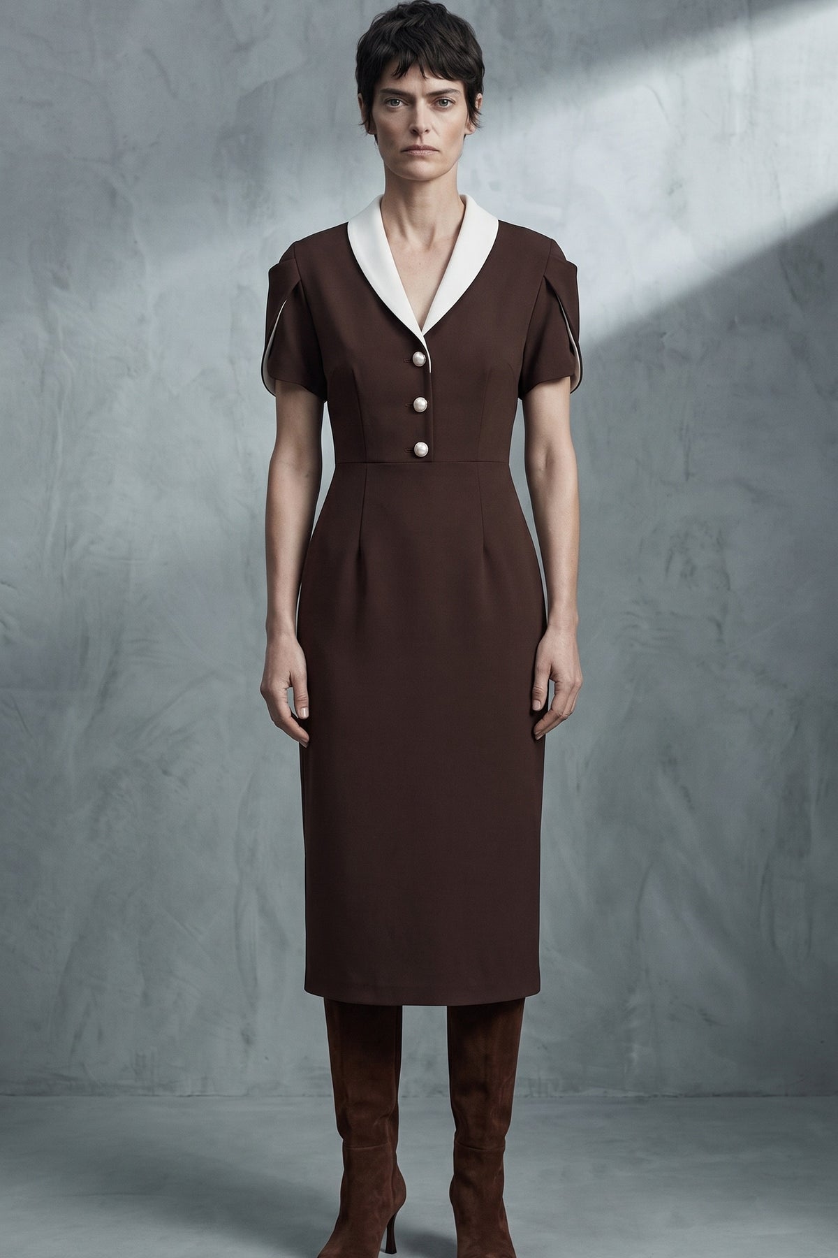 Pearl-Button Sheath Dress — Chocolate