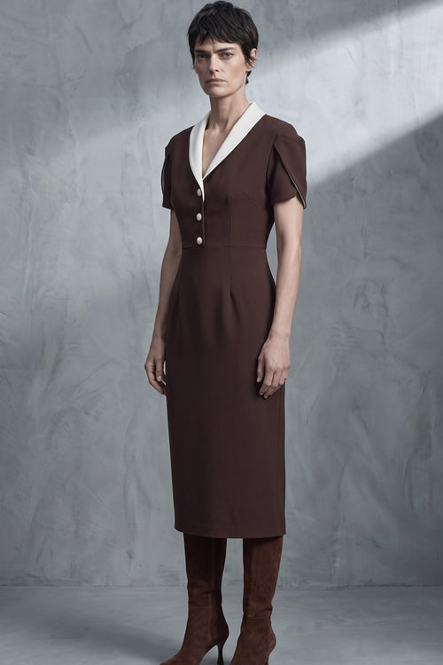 Pearl-Button Sheath Dress — Chocolate