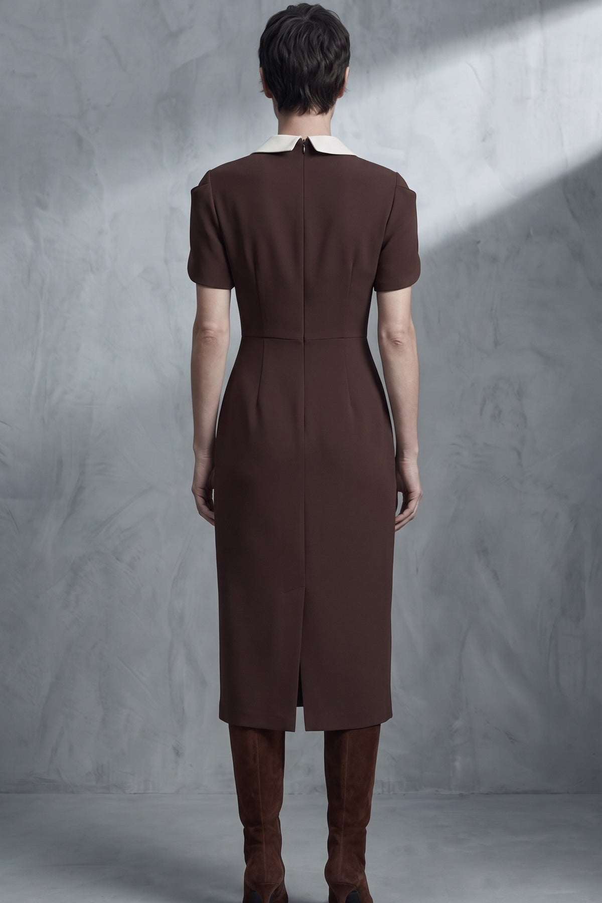 Pearl-Button Sheath Dress — Chocolate