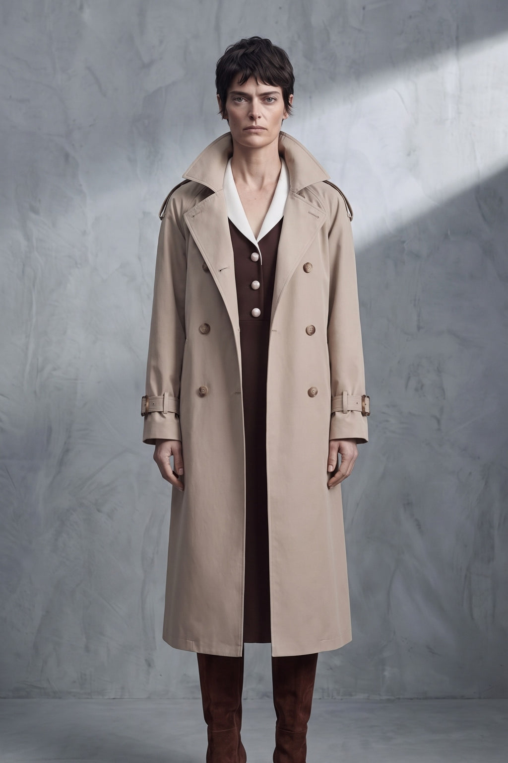 Funnel-Neck Trench Coat — Stone