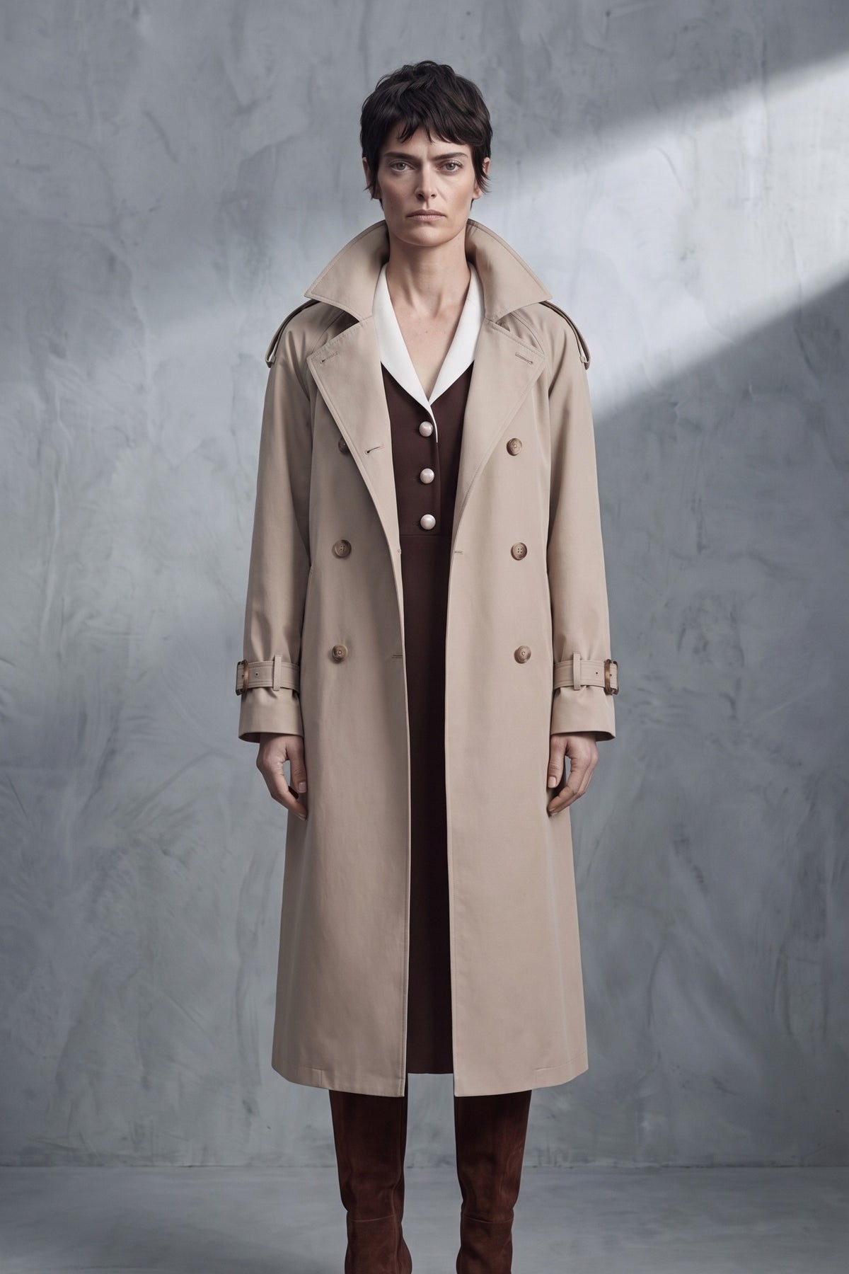 Funnel-Neck Trench Coat — Stone